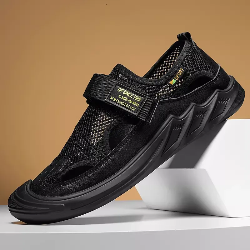 Men Sandals Men's  Summer New Genuine Leather Mesh Casual Beach Shoes Mesh Breathable Soft Sole Crocs Men's